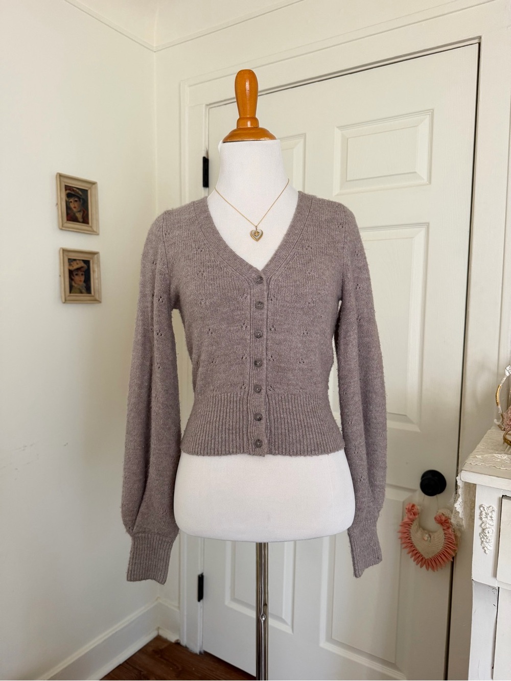 Warm Taupe Grey Pointelle Abercrombie Button Up Cardigan Sweater
